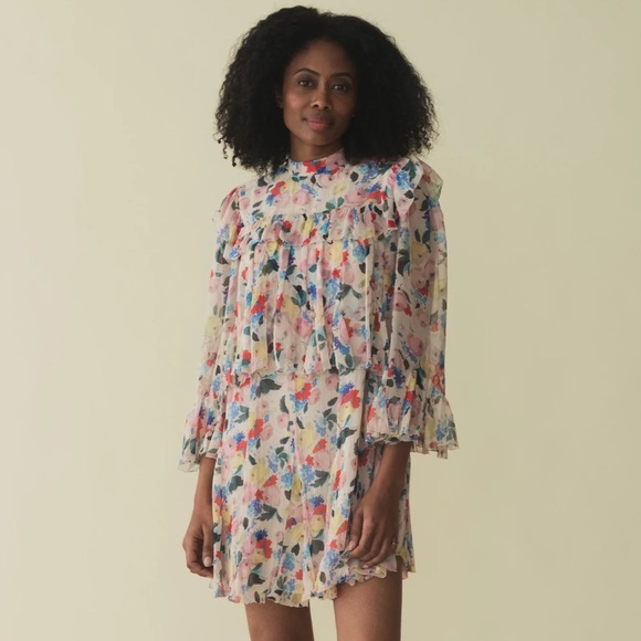 Doen Alette Silk Floral Long Sleeve Mini Dress Fleur Du Matin - Picture 4 of 14